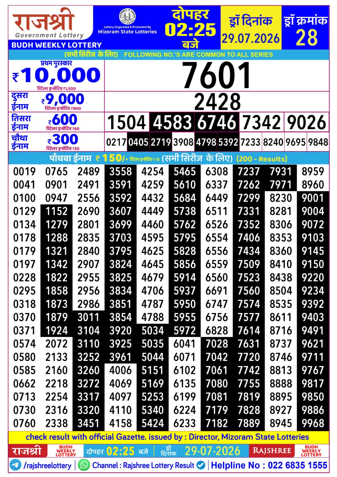 Rajshree Lottery Sambad 29-07-2026 Rajshree 2:25 PM