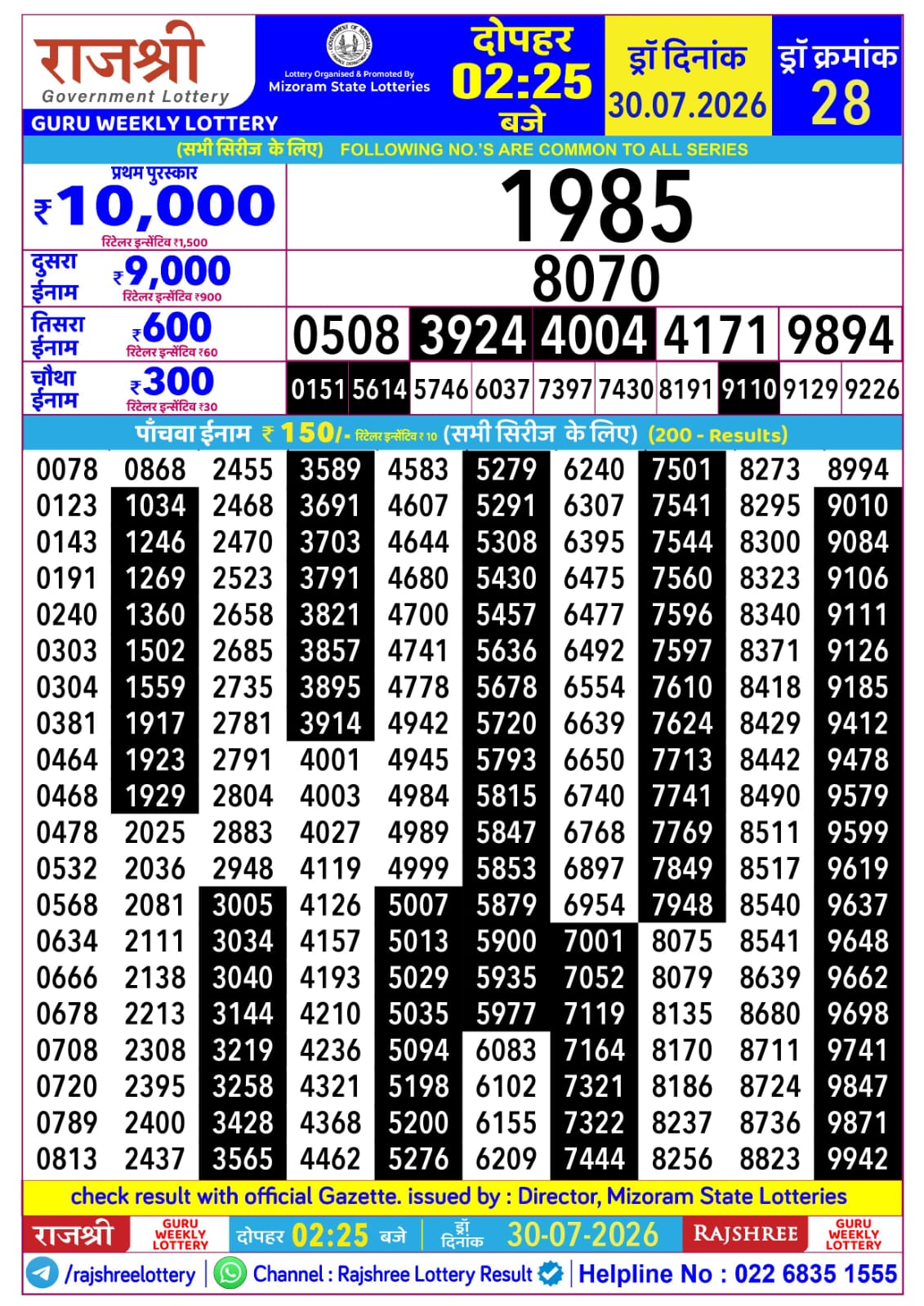 Rajshree Lottery Sambad 30-07-2026 Rajshree 2:25 PM