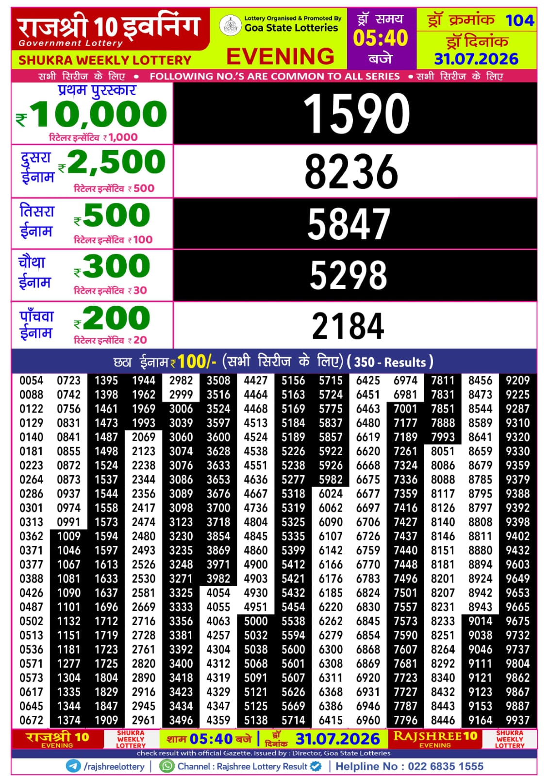 Rajshree Lottery Sambad 31-07-2026 Rajshree 5:40 PM