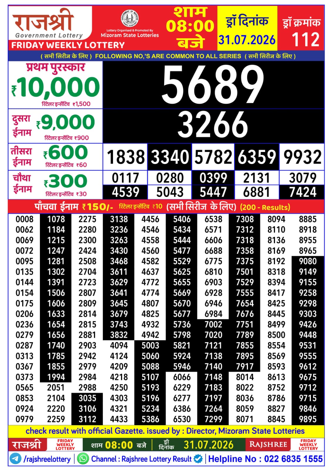 Rajshree Lottery Sambad 31-07-2026 Rajshree 8 PM