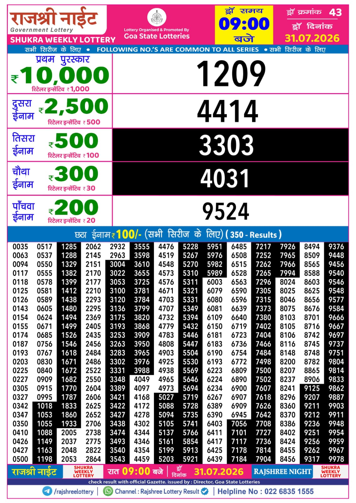 Rajshree Lottery Sambad 31-07-2026 Rajshree 9 PM