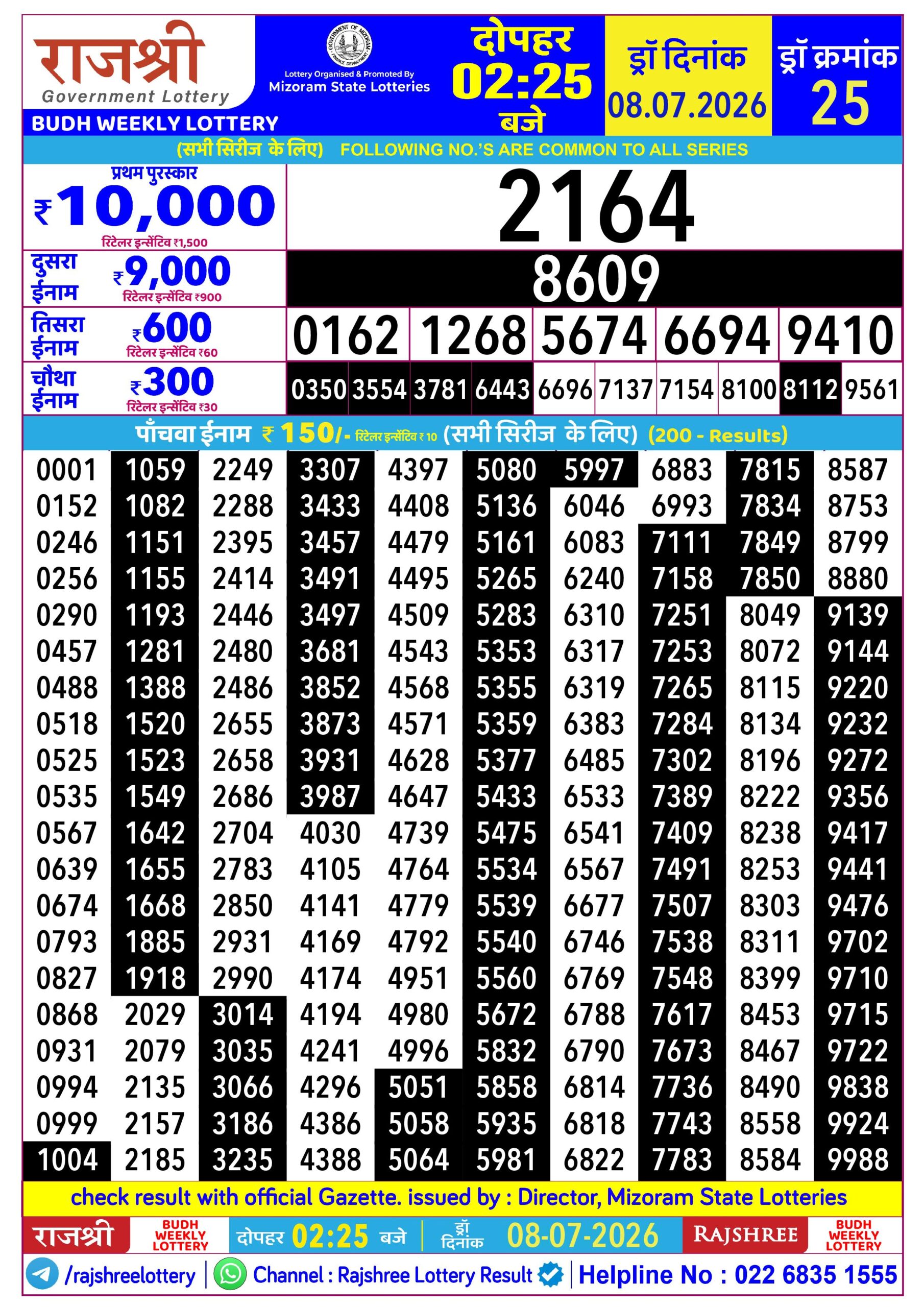 Rajshree Lottery Sambad 08-07-2026 Rajshree 2:25 PM