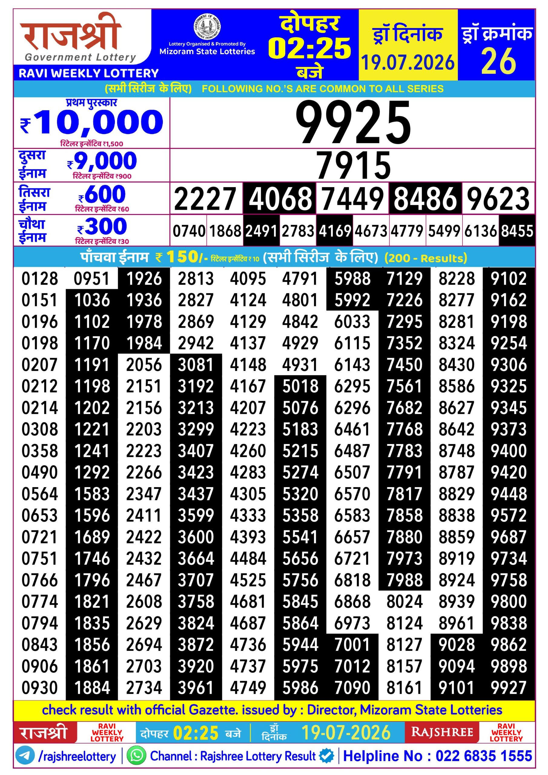 Rajshree Lottery Sambad 19-07-2026 Rajshree 2:25 PM