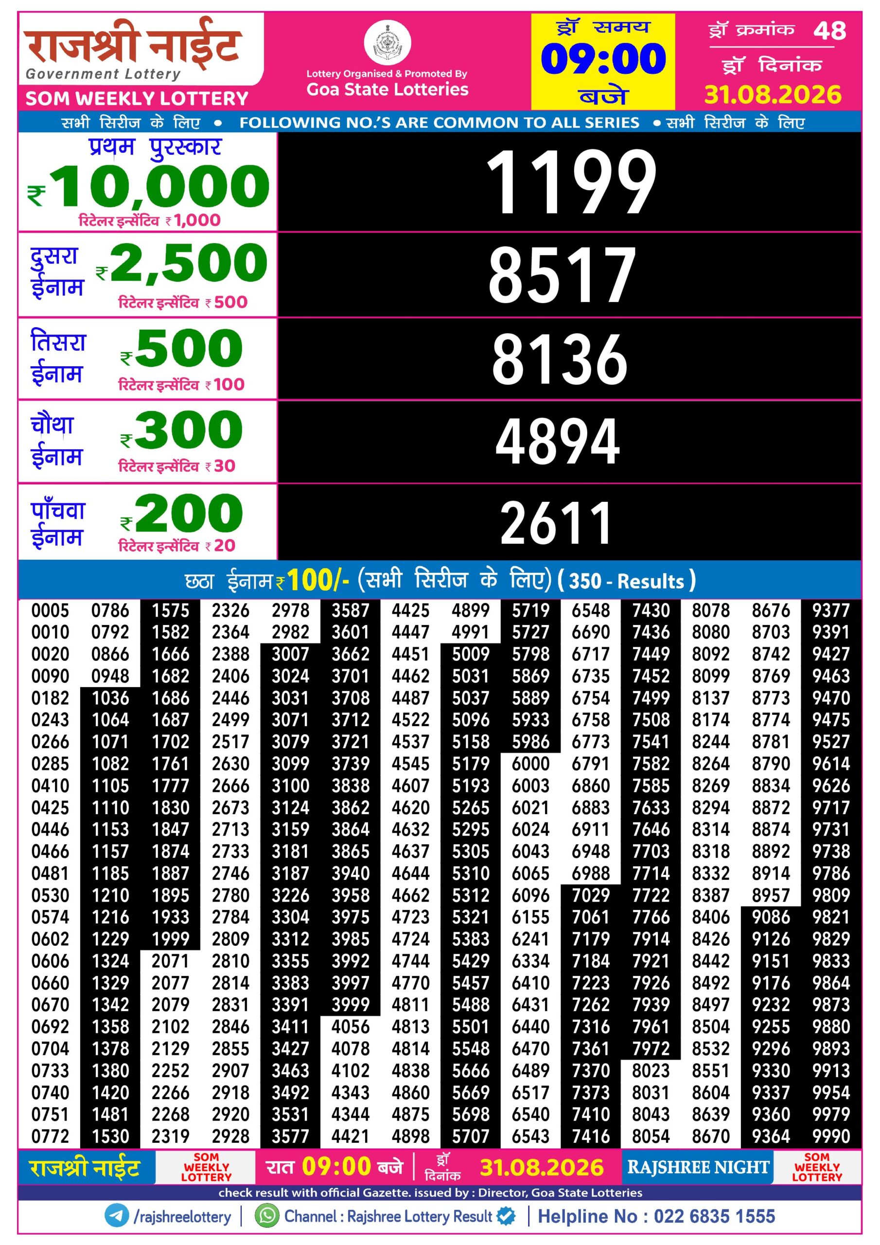 Rajshree Lottery Sambad 31-08-2026 Rajshree 9 PM