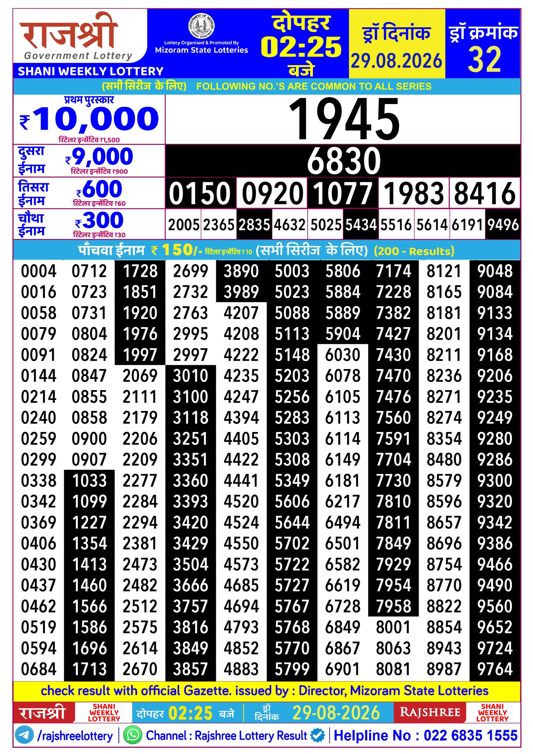 Rajshree Lottery Sambad 29-08-2026 Rajshree 2:25 PM