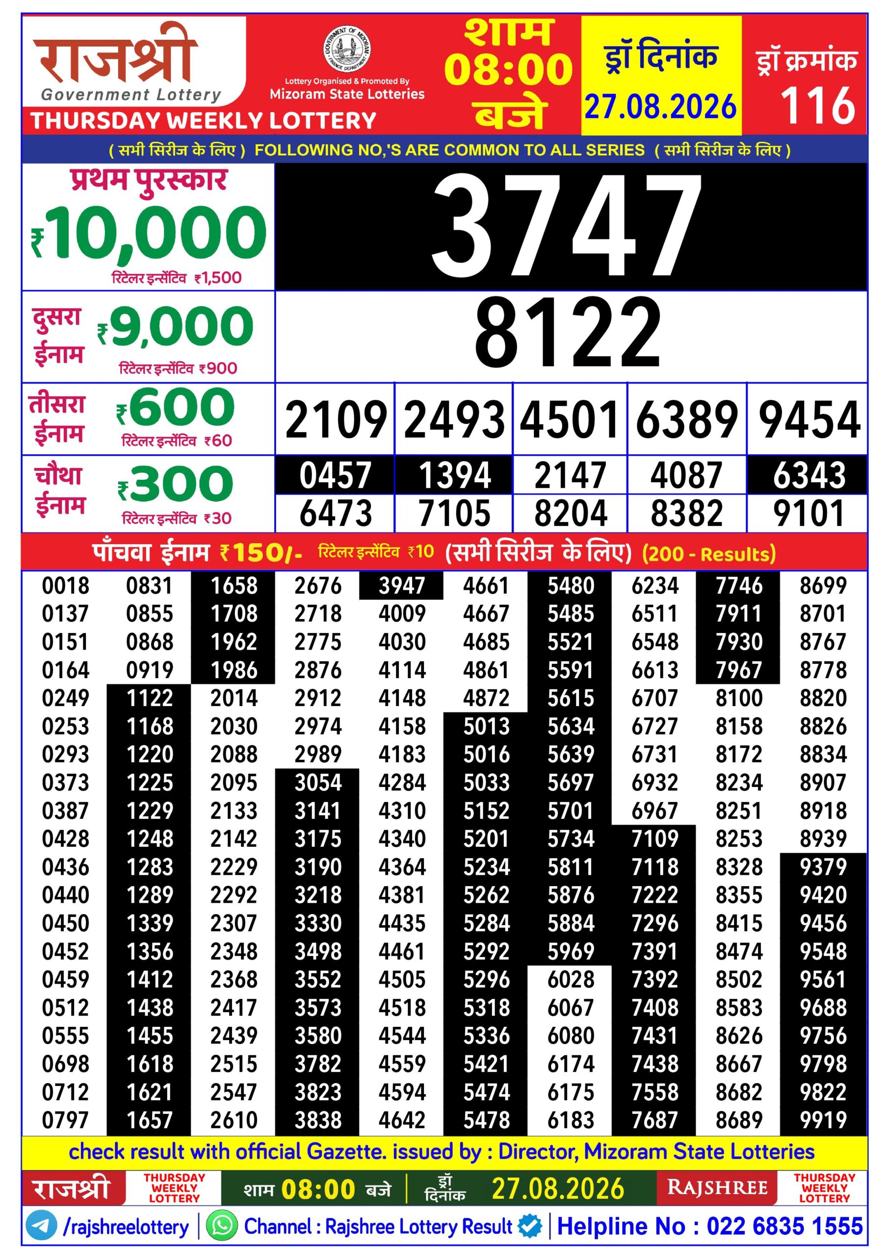 Rajshree Lottery Sambad 27-08-2026 Rajshree 8 PM