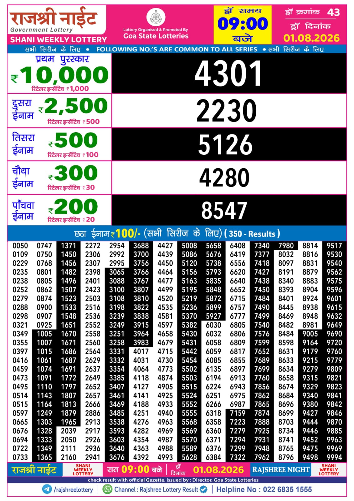 Rajshree Lottery Sambad 01-08-2026 Rajshree 9 PM