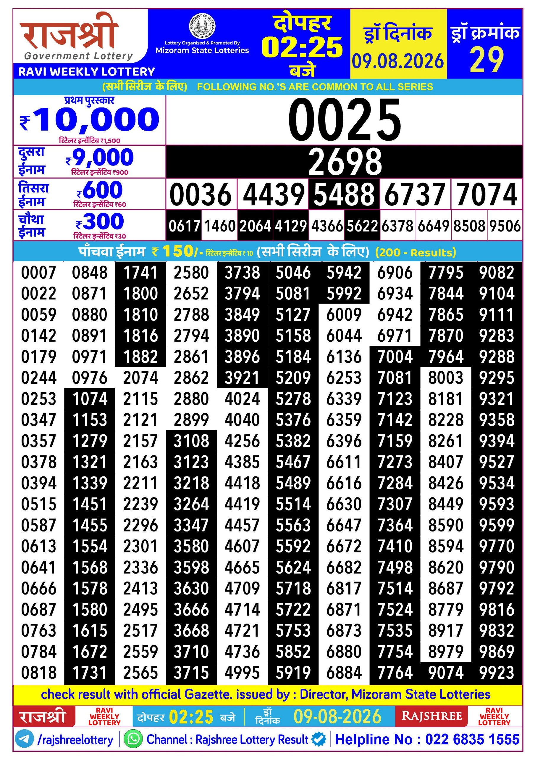 Rajshree Lottery Sambad 09-08-2026 Rajshree 2:25 PM