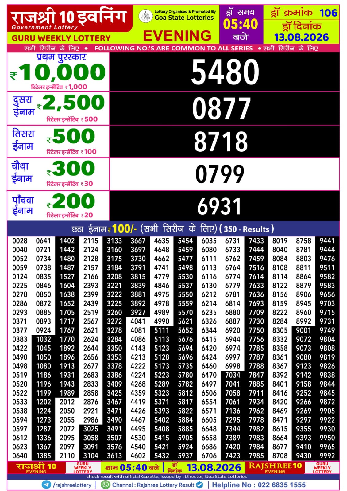 Rajshree Lottery Sambad 13-08-2026 Rajshree 5:40 PM