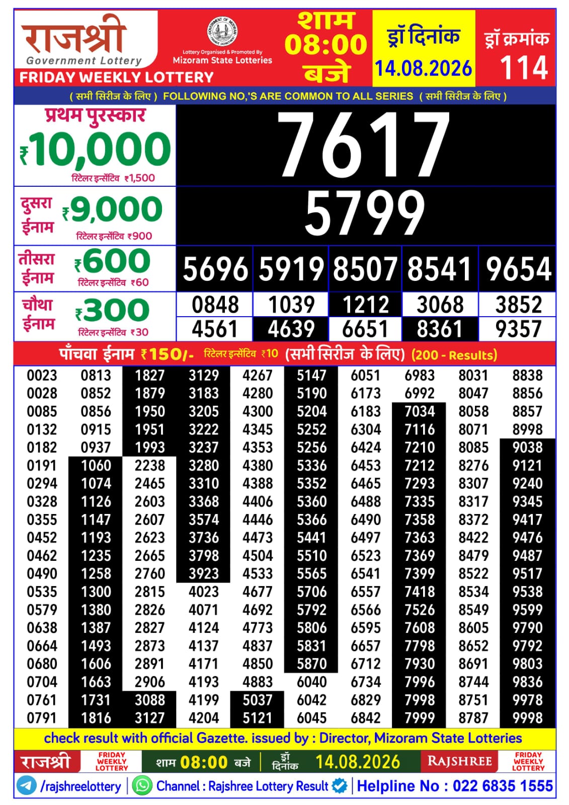Rajshree Lottery Sambad 14-08-2026 Rajshree 8 PM