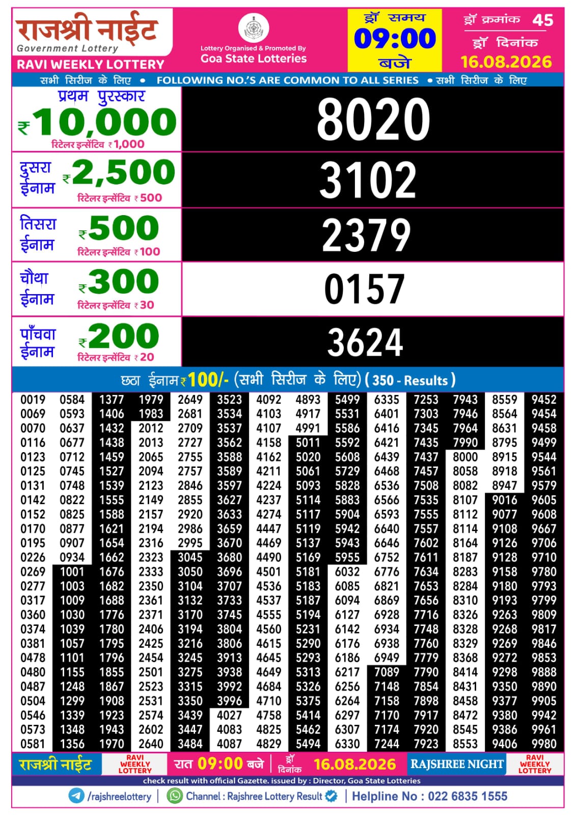 Rajshree Lottery Sambad 16-08-2026 Rajshree 9 PM