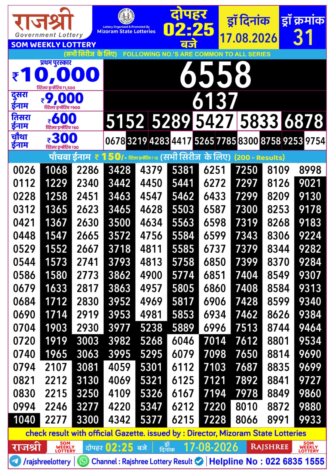 Rajshree Lottery Sambad 17-08-2026 Rajshree 2:25 PM