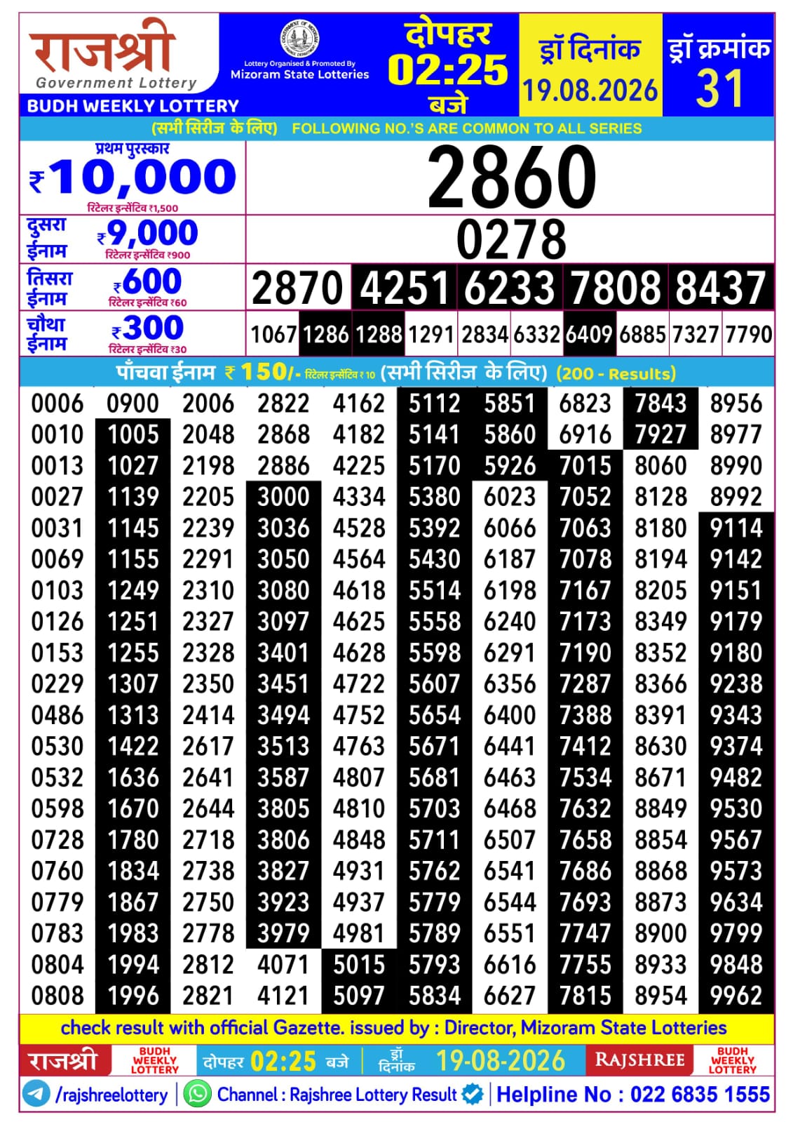 Rajshree Lottery Sambad 19-08-2026 Rajshree 2:25 PM