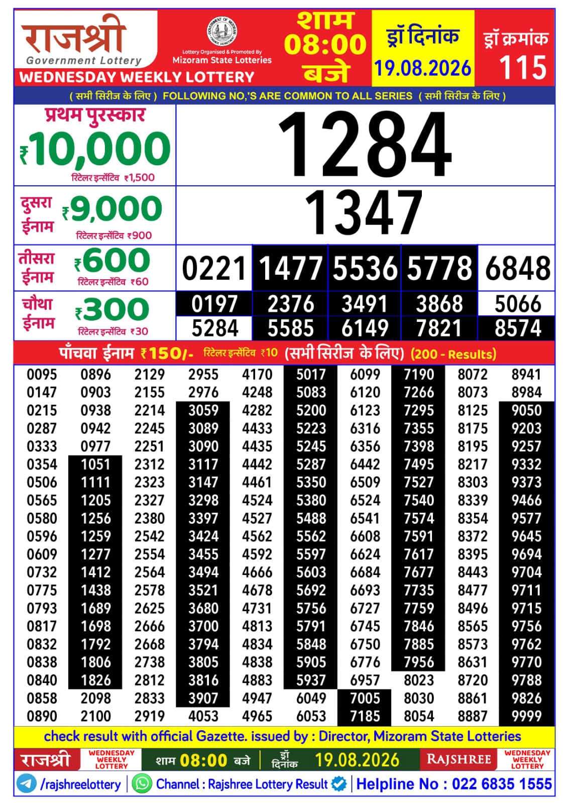 Rajshree Lottery Sambad 19-08-2026 Rajshree 8 PM