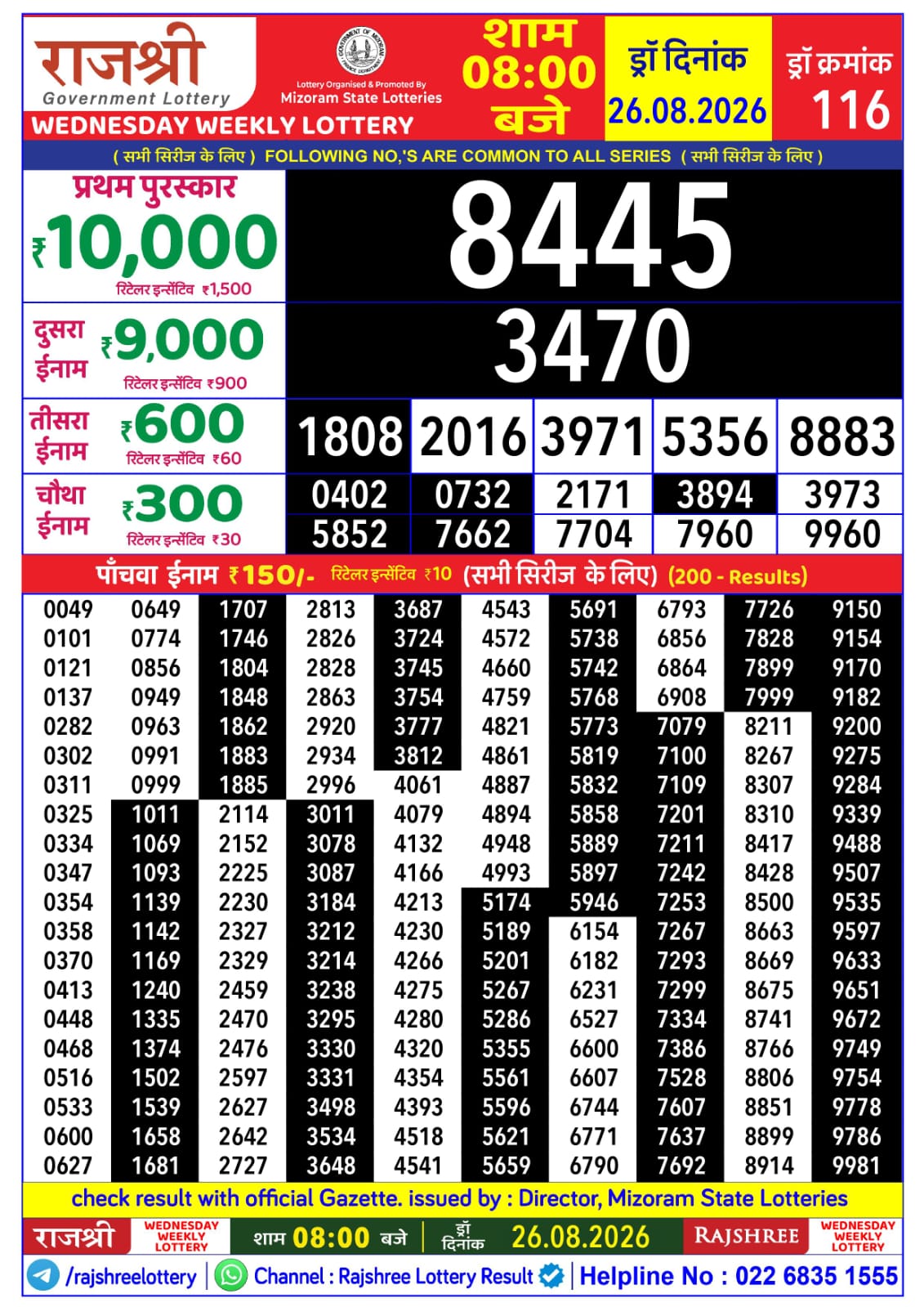 Rajshree Lottery Sambad 26-08-2026 Rajshree 8 PM