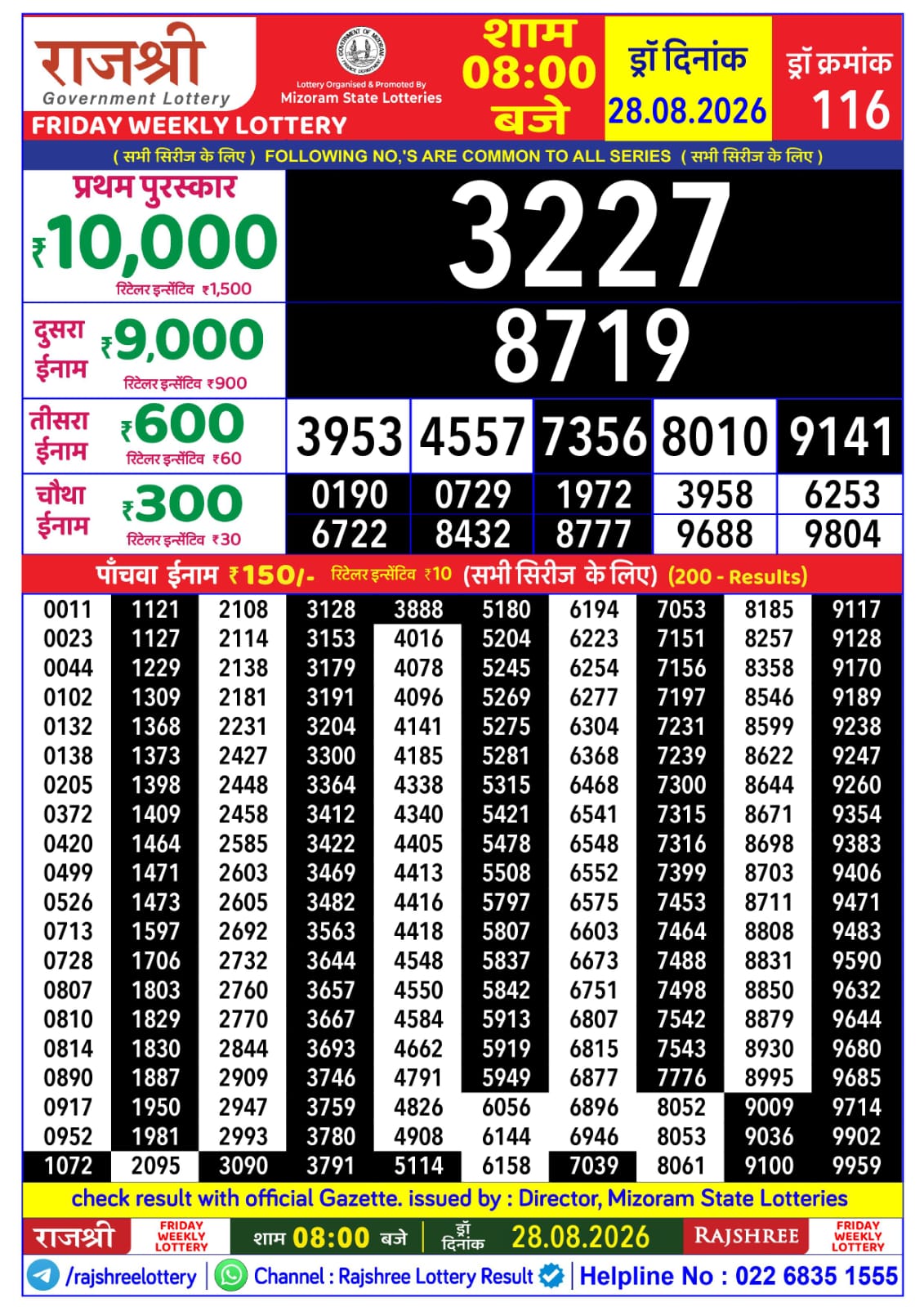 Rajshree Lottery Sambad 28-08-2026 Rajshree 8 PM