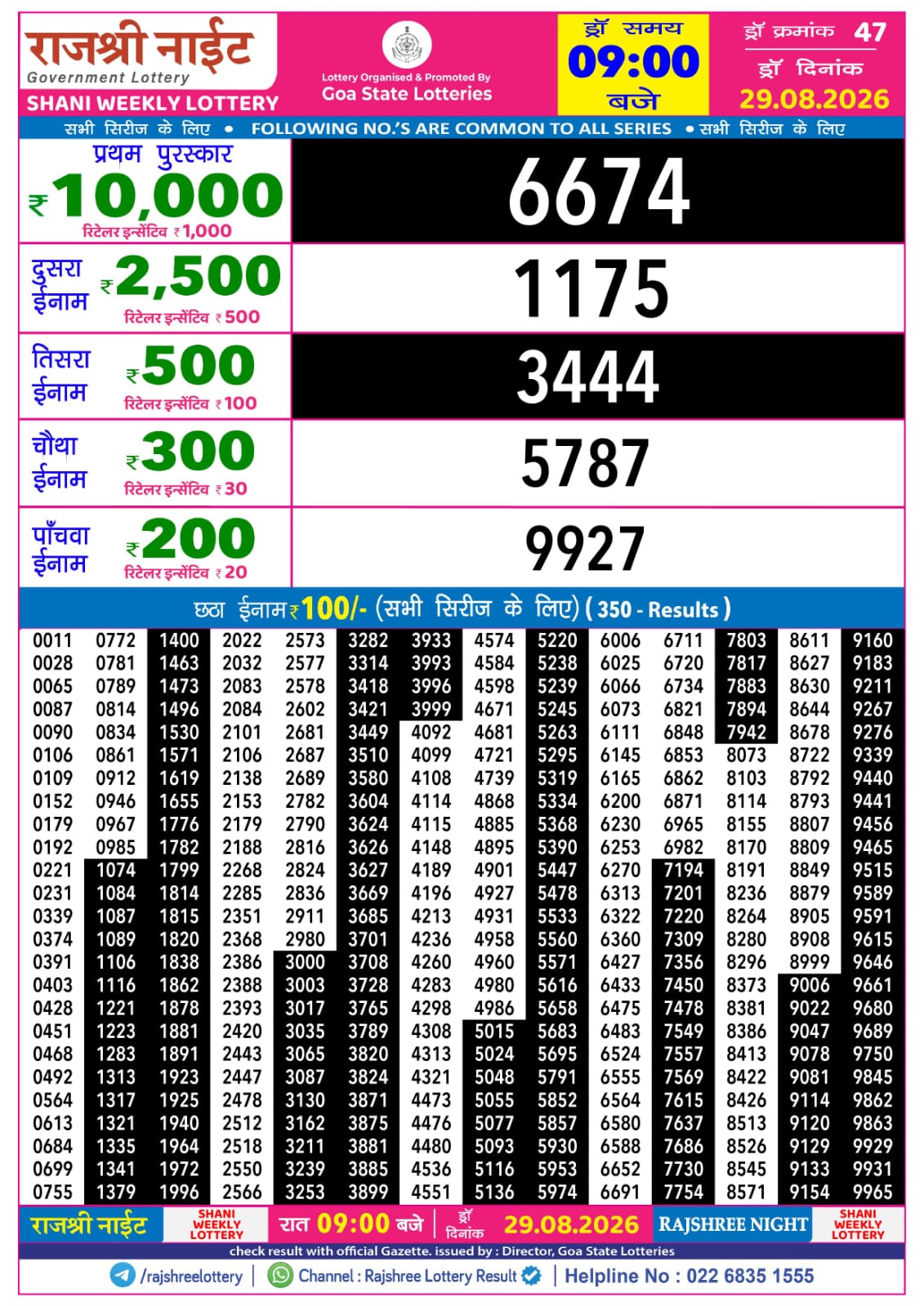 Rajshree Lottery Sambad 29-08-2026 Rajshree 9 PM