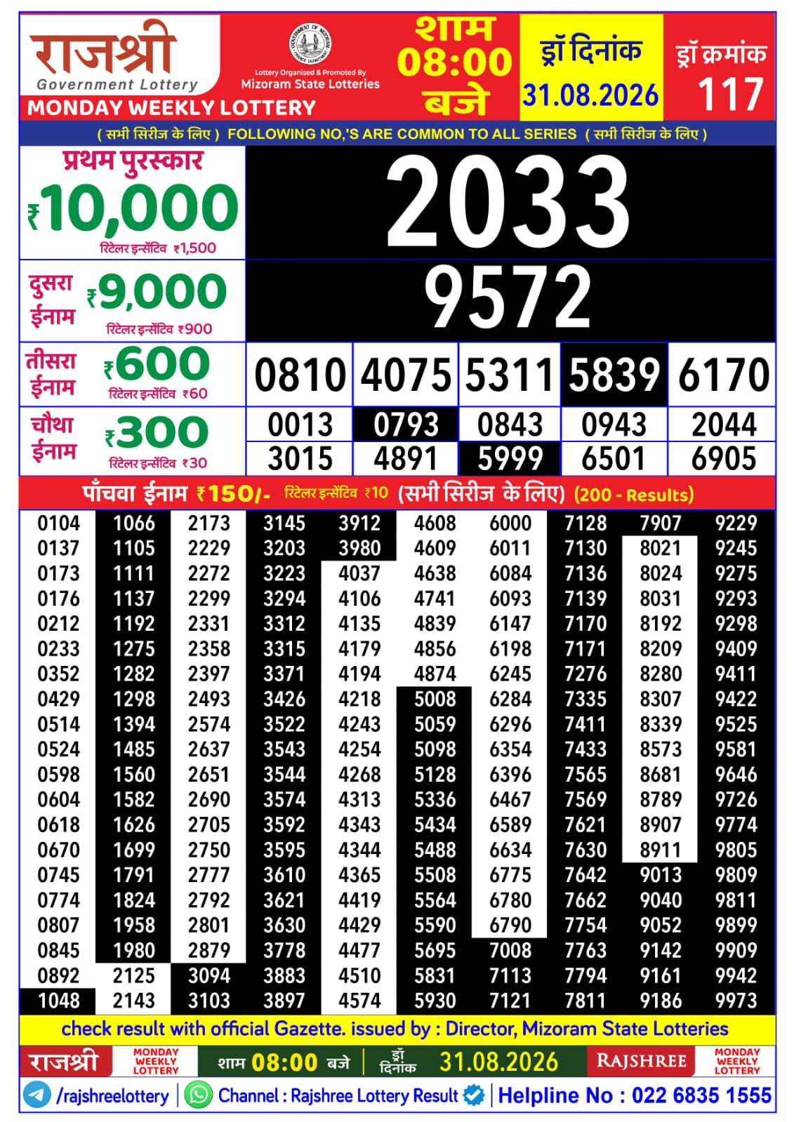 Rajshree Lottery Sambad 31-08-2026 Rajshree 8 PM