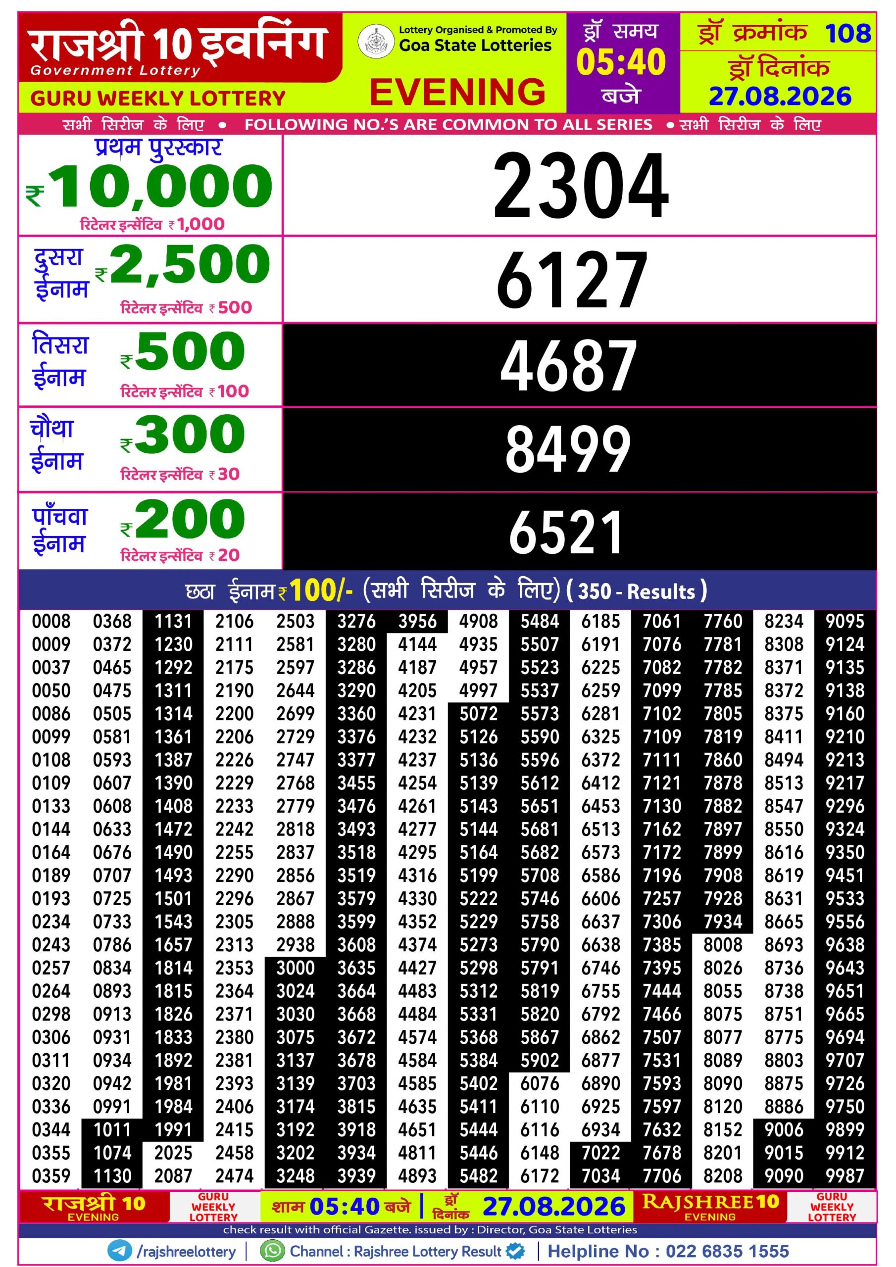 Rajshree Lottery Sambad 27-08-2026 Rajshree 5:40 PM