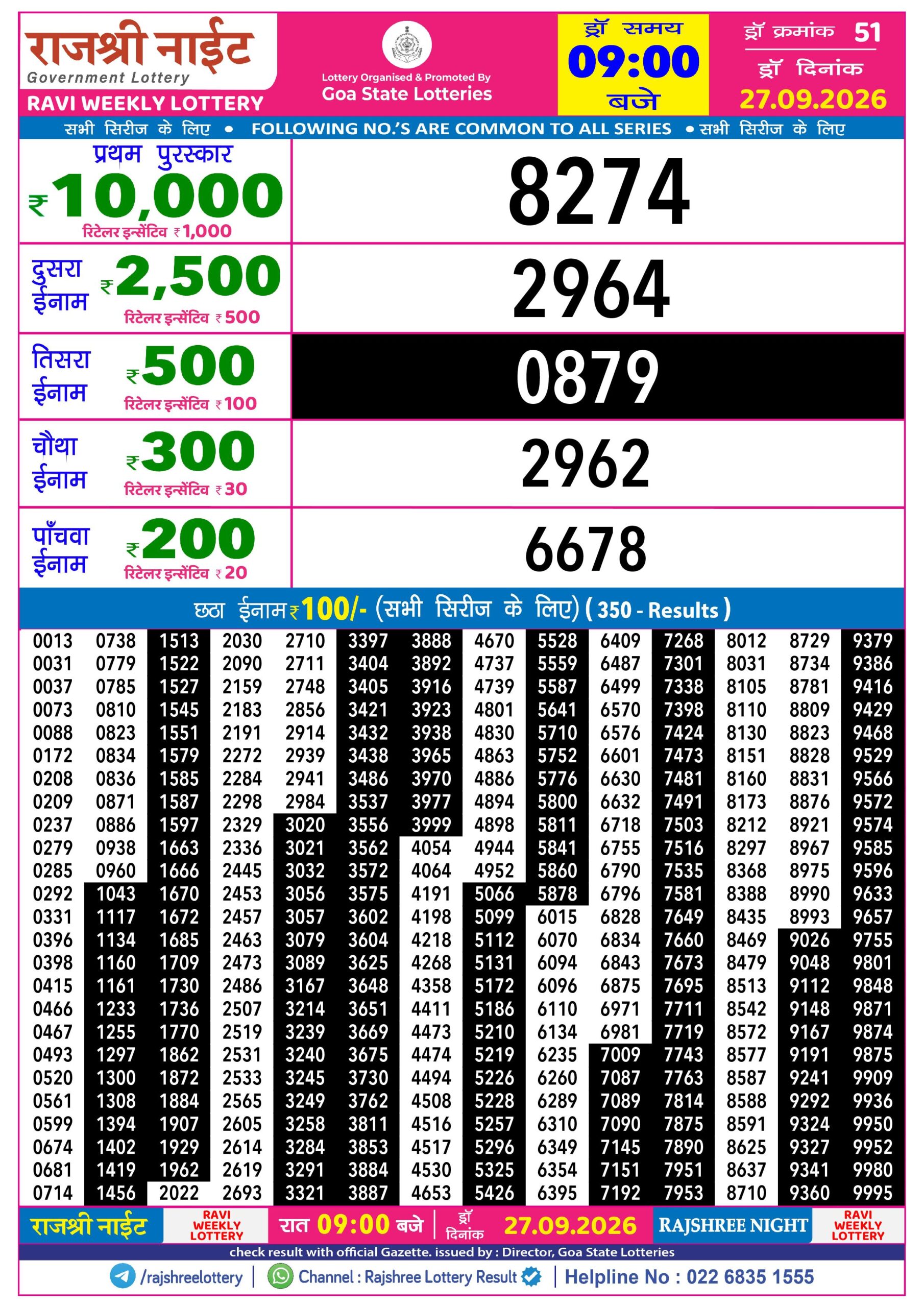 Rajshree Lottery Sambad 27-09-2026 Rajshree 9 PM