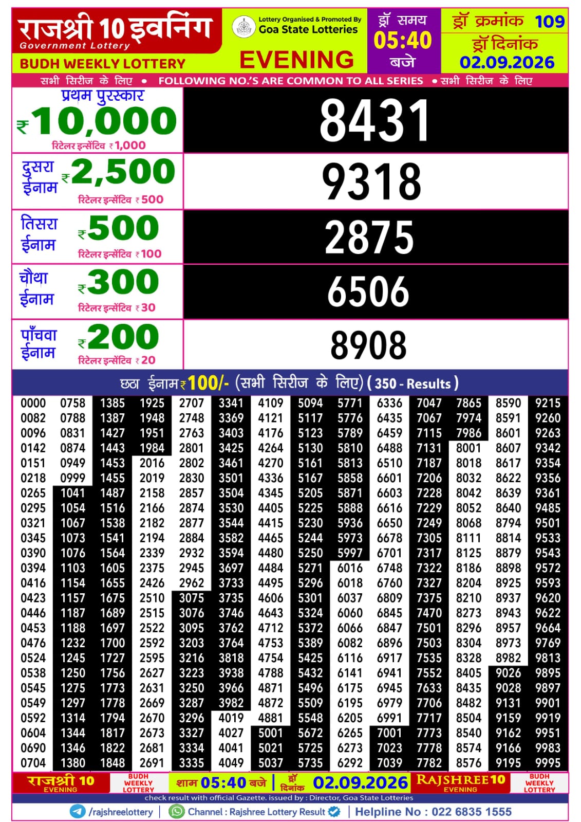 Rajshree Lottery Sambad 02-09-2026 Rajshree 5:40 PM