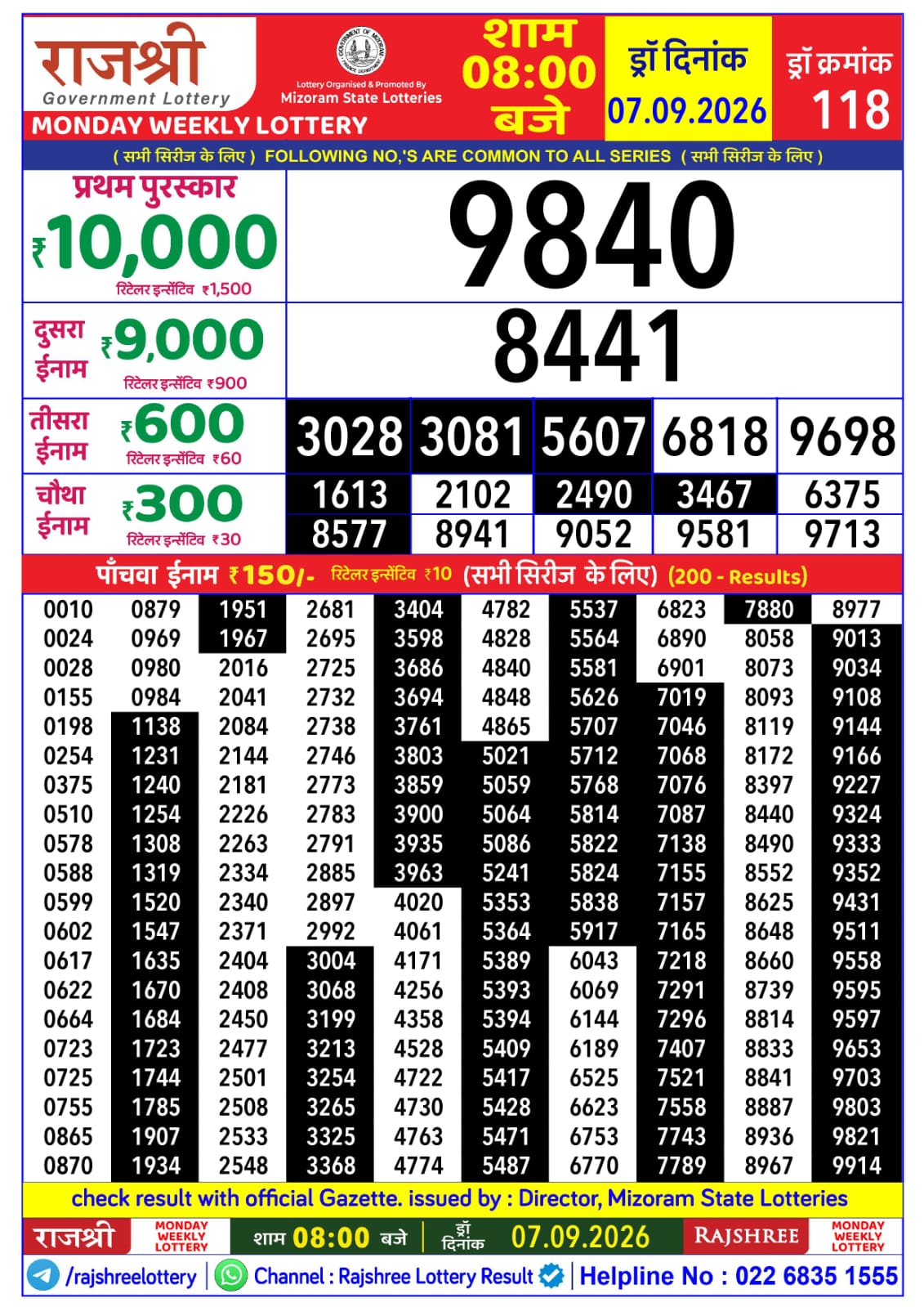 Rajshree Lottery Sambad 07-09-2026 Rajshree 8 PM