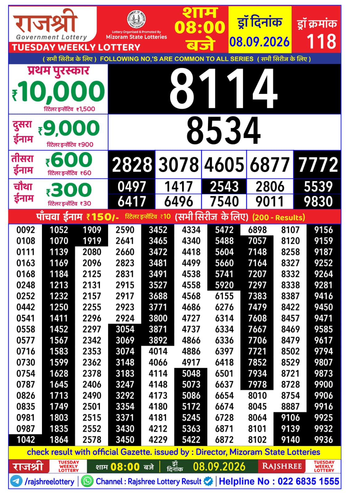 Rajshree Lottery Sambad 08-09-2026 Rajshree 8 PM