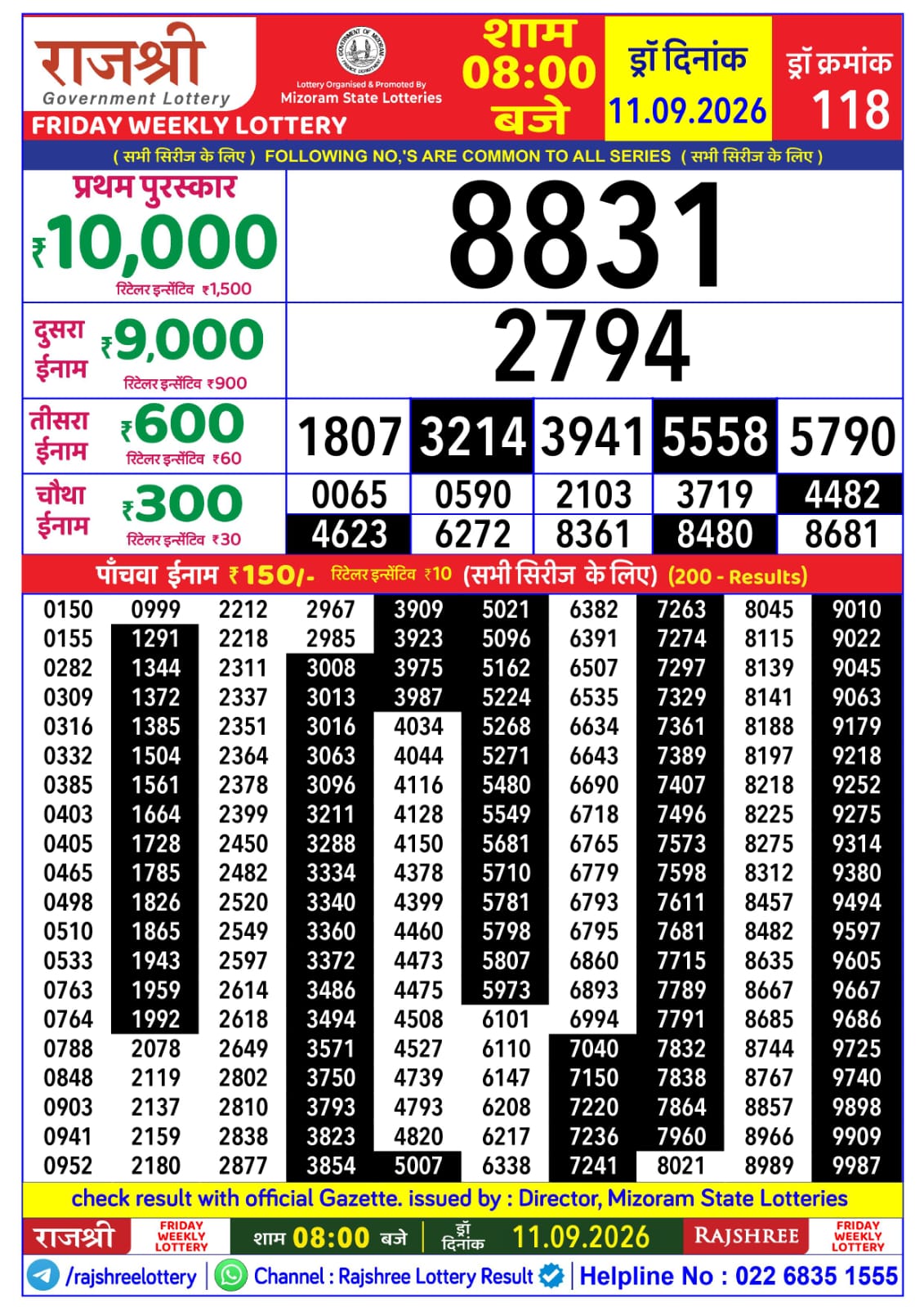 Rajshree Lottery Sambad 11-09-2026 Rajshree 8 PM
