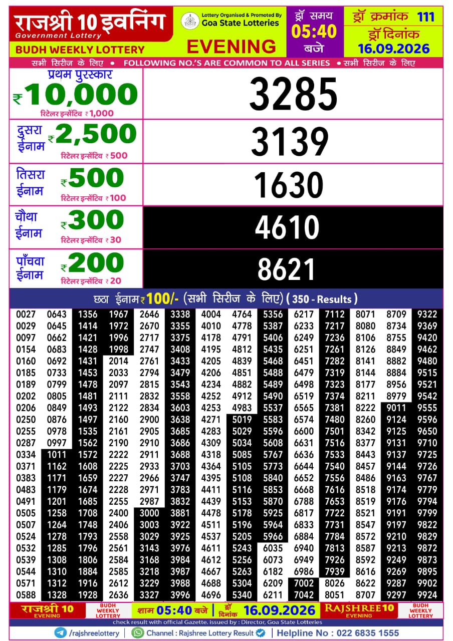 Rajshree Lottery Sambad 16-09-2026 Rajshree 5:40 PM