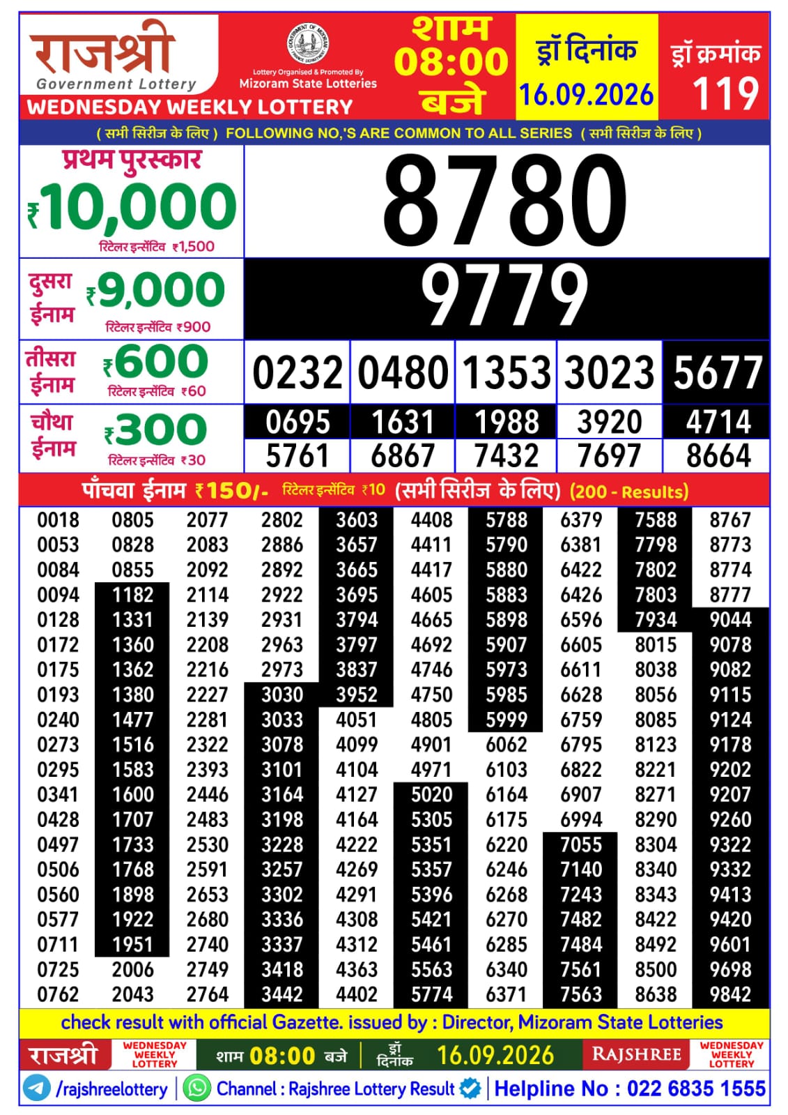 Rajshree Lottery Sambad 16-09-2026 Rajshree 8 PM