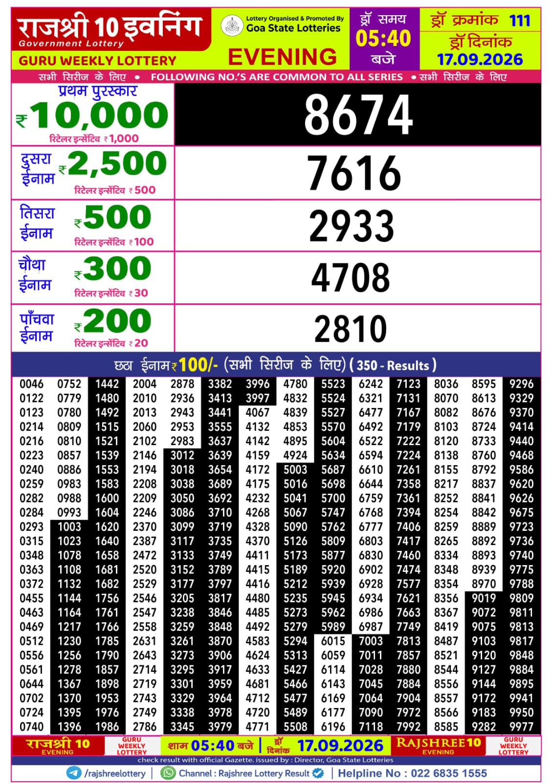 Rajshree Lottery Sambad 17-09-2026 Rajshree 5:40 PM