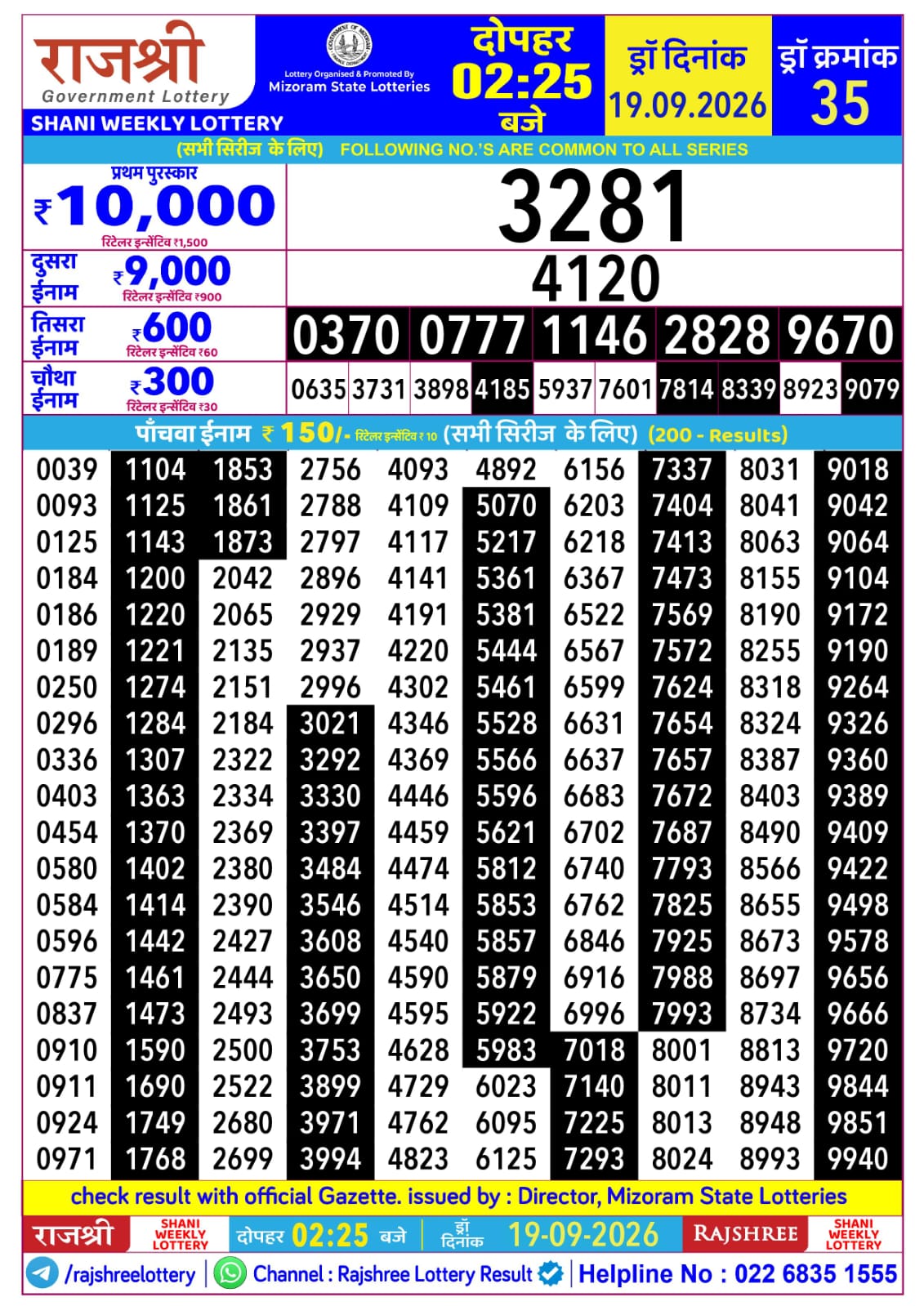 Rajshree Lottery Sambad 19-09-2026 Rajshree 2:25 PM