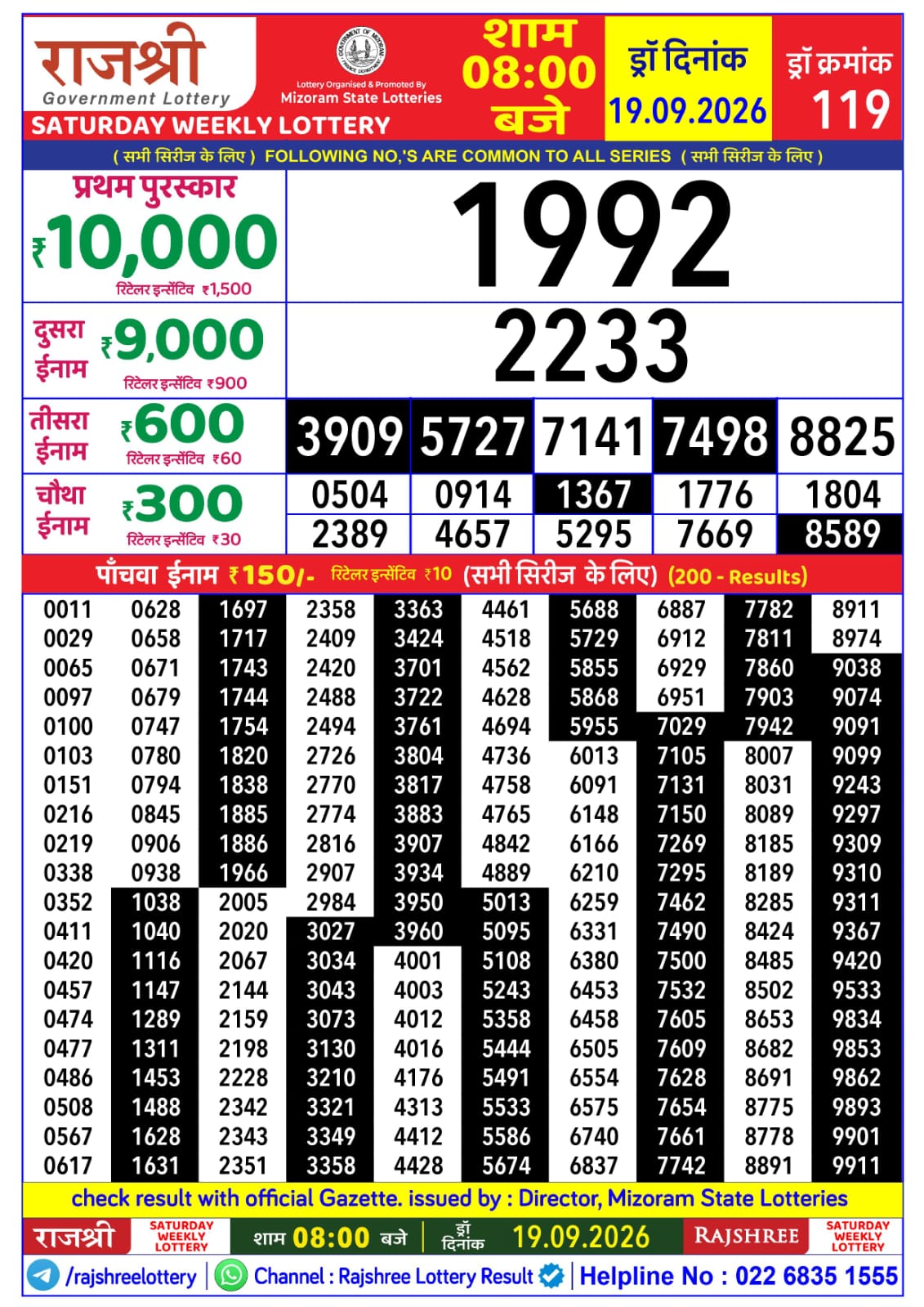 Rajshree Lottery Sambad 19-09-2026 Rajshree 8 PM