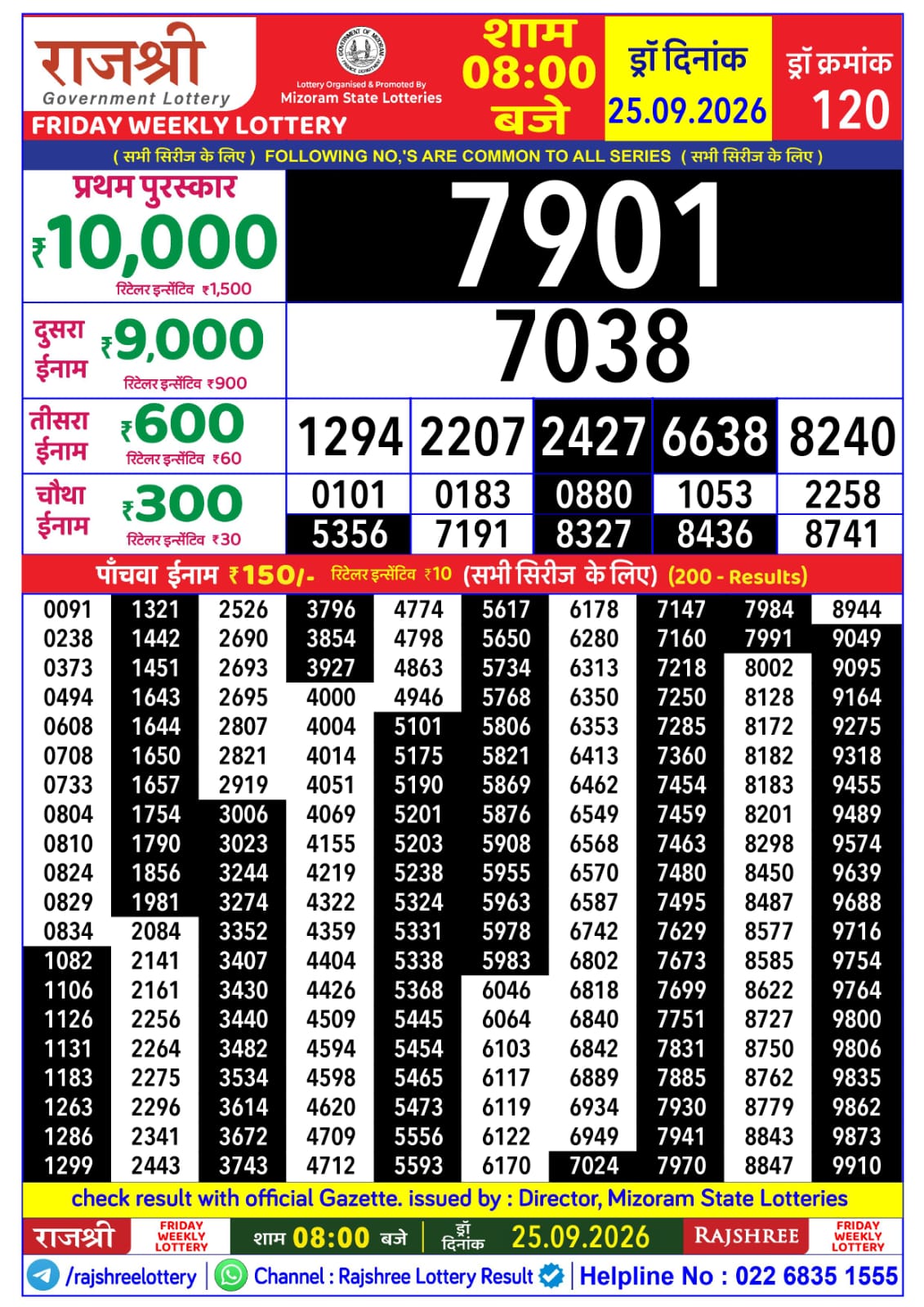 Rajshree Lottery Sambad 25-09-2026 Rajshree 8 PM