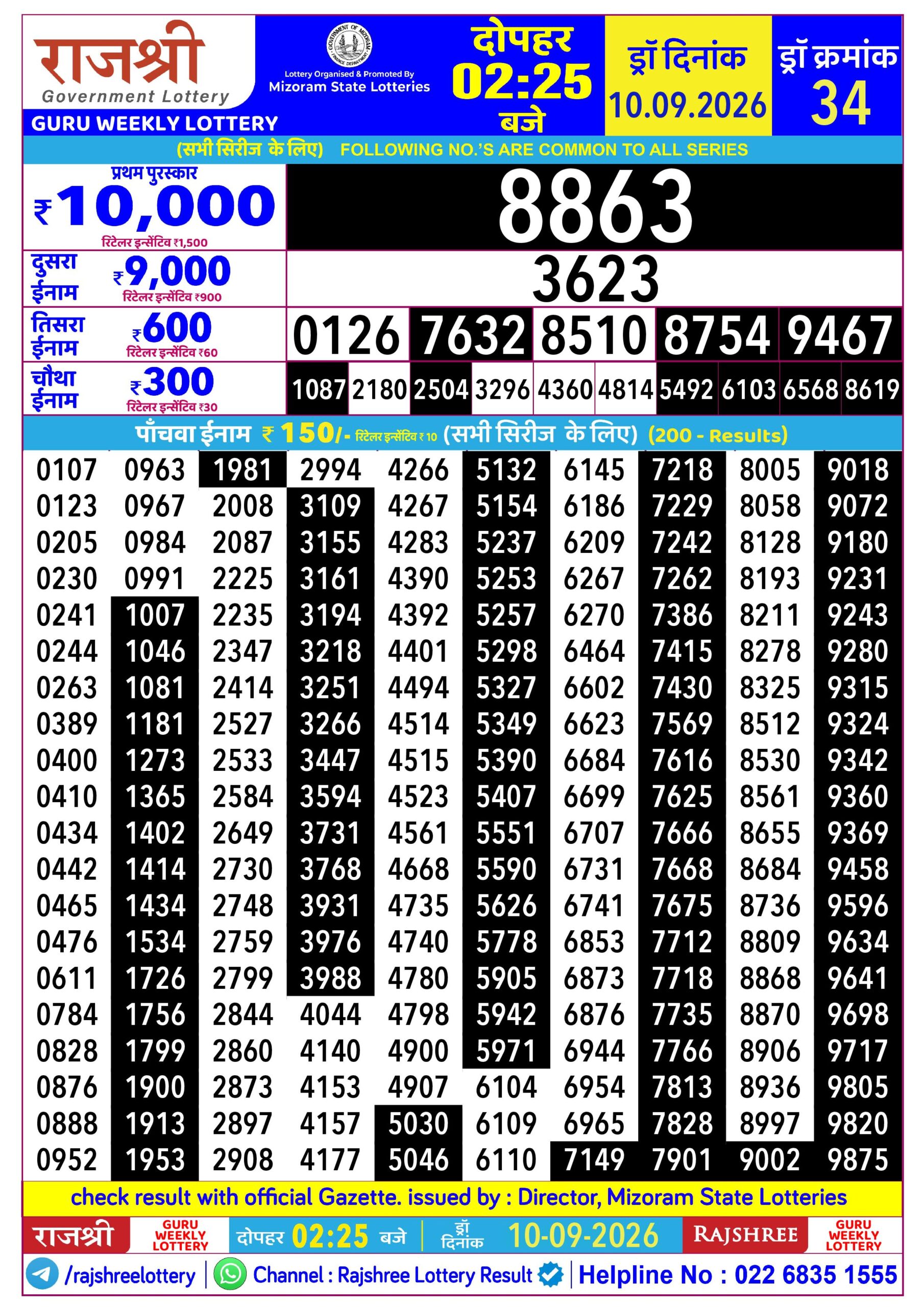 Rajshree Lottery Sambad 10-09-2026 Rajshree 2:25 PM