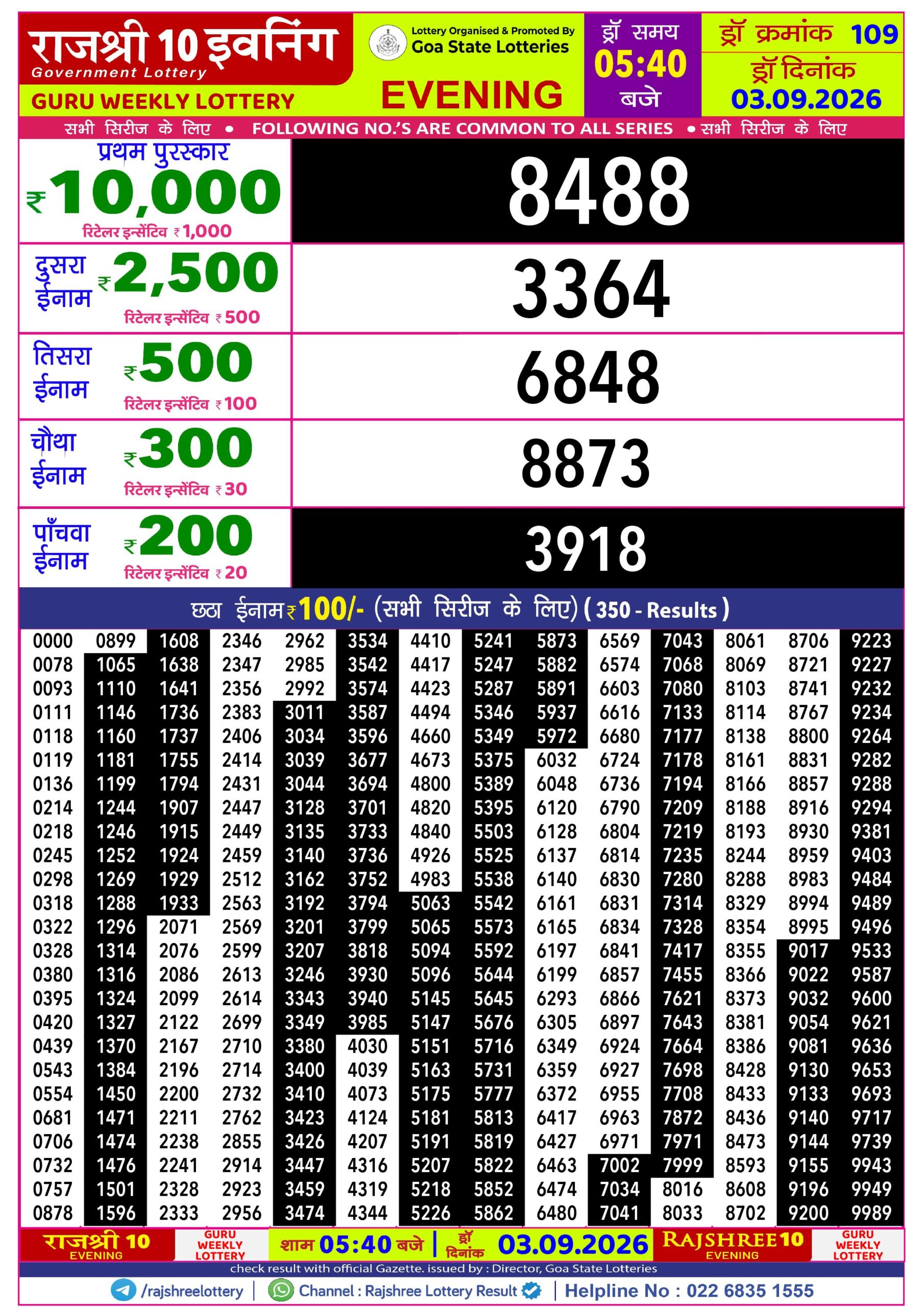 Rajshree Lottery Sambad 03-09-2026 Rajshree 5:40 PM