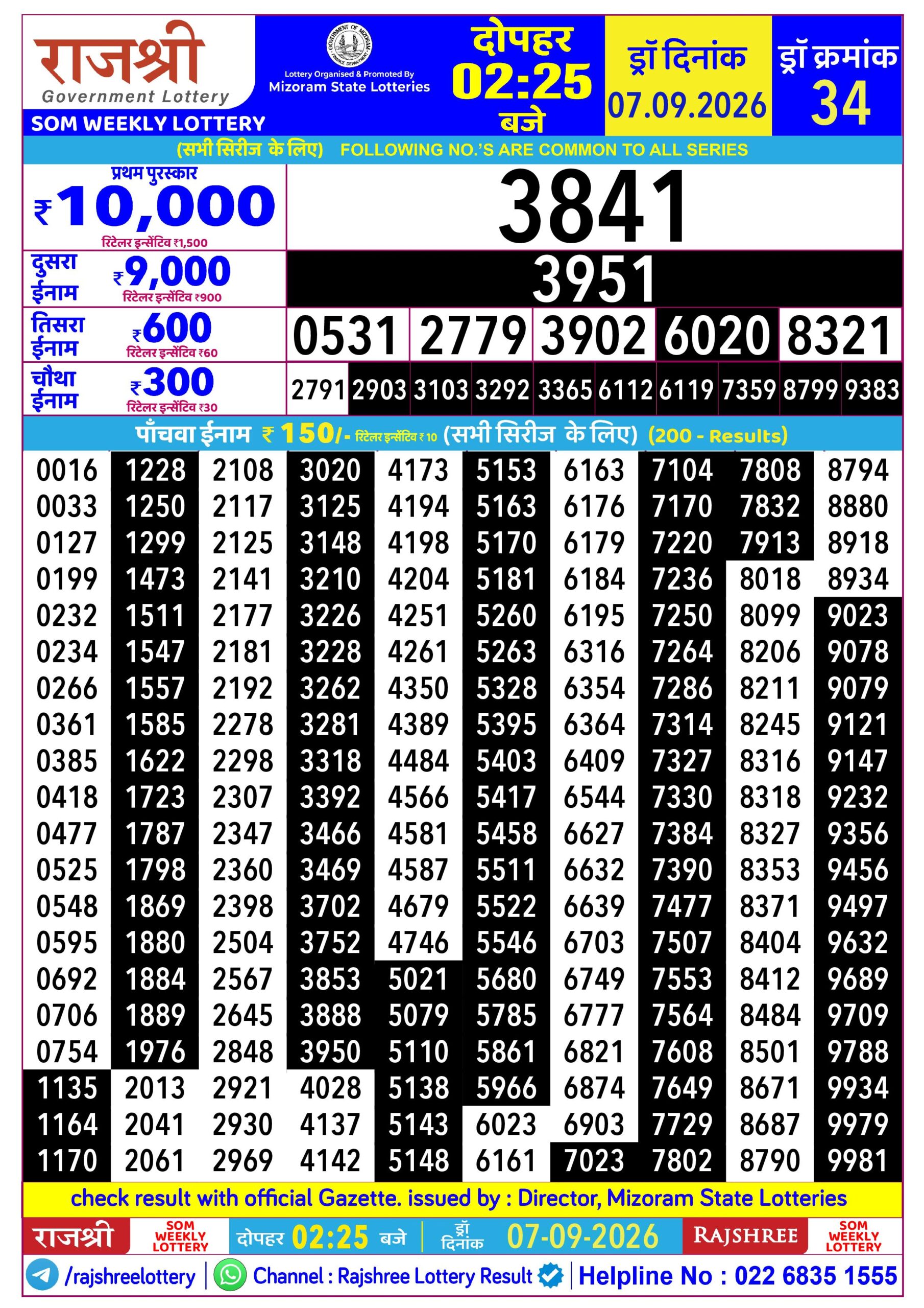 Rajshree Lottery Sambad 07-09-2026 Rajshree 2:25 PM