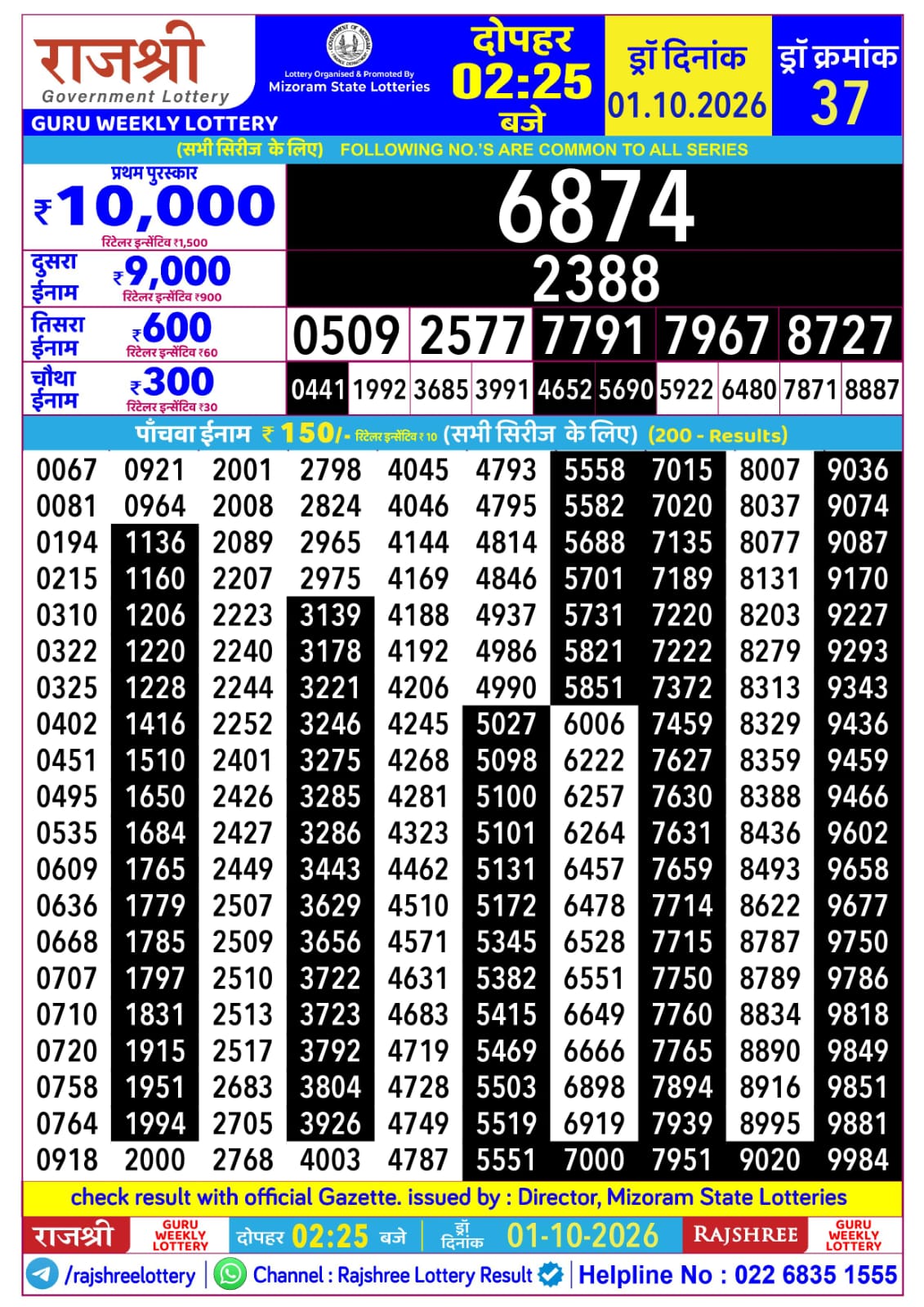 Rajshree Lottery Sambad 01-10-2026 Rajshree 2:25 PM