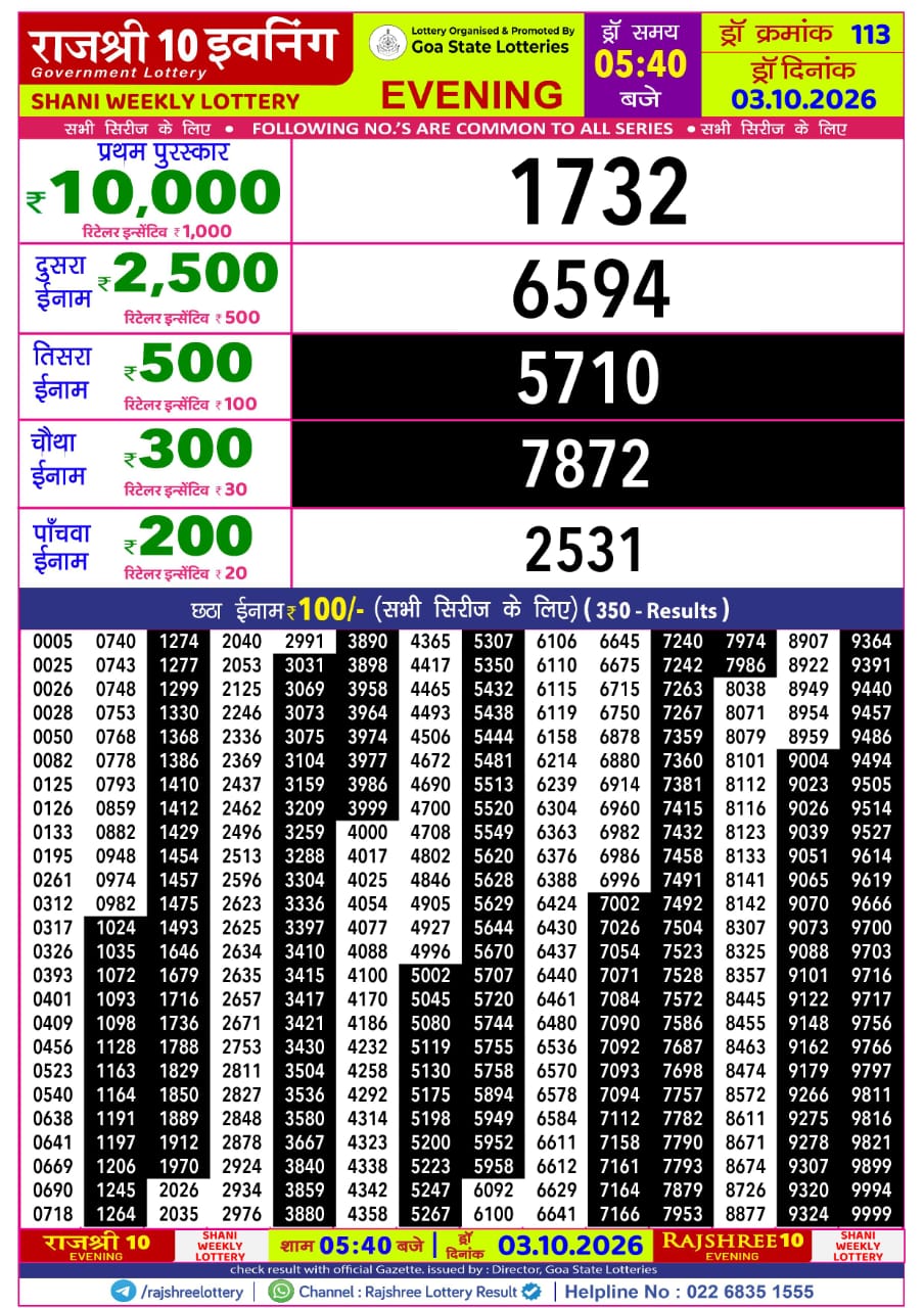 Rajshree Lottery Sambad 03-10-2026 Rajshree 5:40 PM